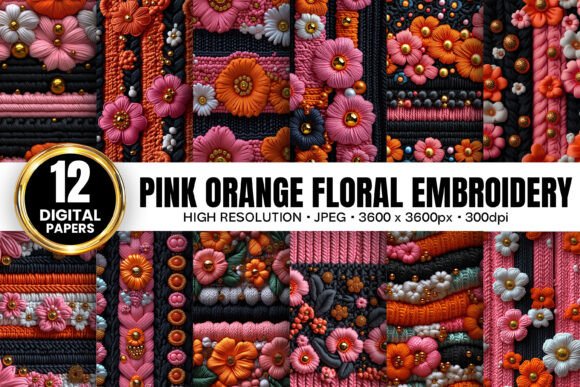 Pink Orange 3D Flowers Embroidery Papers