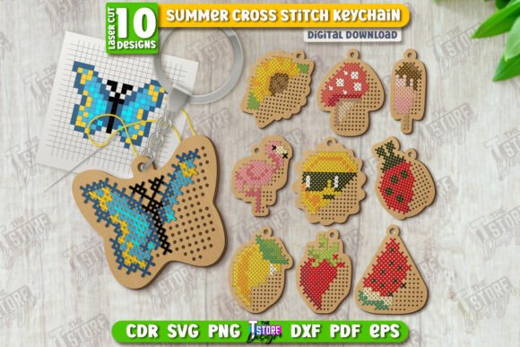 Summer Cross Stitch Keychains Laser Cut